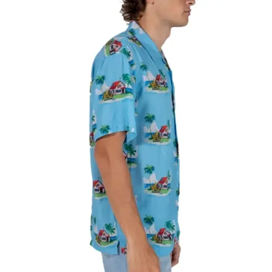 Dragon Ball Z Kame House Sublimation Print Short Sleeve Button Down Light Blue Men's Woven Top image {2}