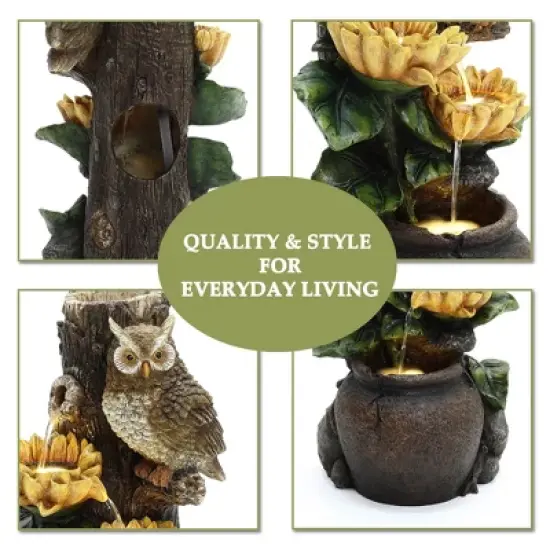 LuxenHome 28 Inch Outdoor Water Fountain, Owl and Sunflower Cascading Waterfall Fountain Outdoor and Indoor with LED Lights Brown image {9}