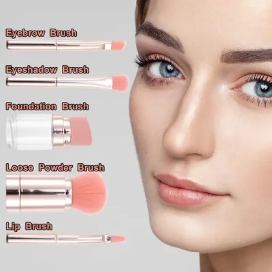 Unique Bargains 5 in 1 Makeup Brush Set Foundation Sponge Brush Eyebrow Brush Plastic Handle Pink 5.2Inches Height 1 Set image {1}