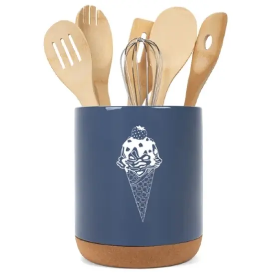 Elanze Designs 8 inch Ice Cream Waffle Cone Large Ceramic Kitchen Utensil Holder Navy Blue and White Crock with Cork Base image {5}