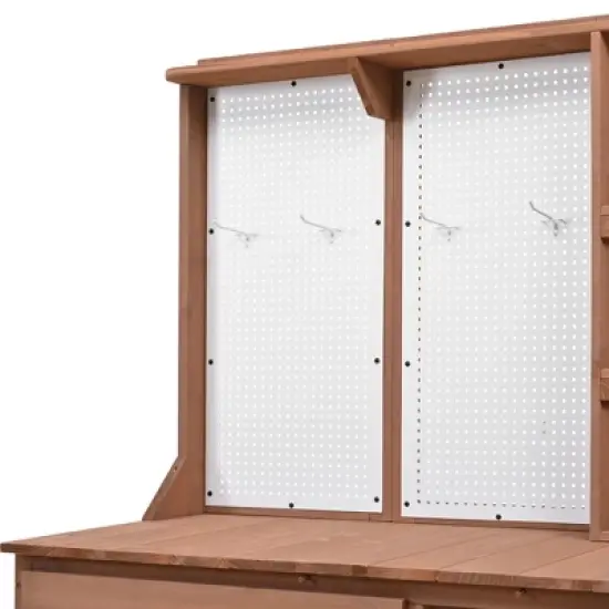 Garden Potting Bench Table Outdoor Patio Workstation with Drawer, Shelves, Cabinet, Pegboard with Hooks, Fir Wood Frame,Natural/White/Brown-ModernLuxe image {10}