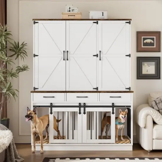 PAKASEPT 71" Tall Dog Crate Furniture, Indoor Dog Kennel with Wardrobe Closet, 46.5" W Dog Cage for Large/Medium Dogs, Wood Dog Crates with 3 Drawers image {1}