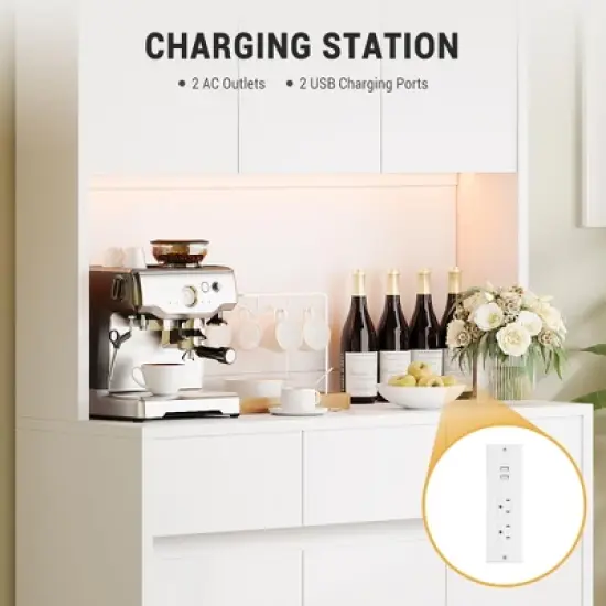 71" Kitchen Pantry Cabinet - Hutch Storage with LED Lights & Power Outlets, Buffet Cabinet with Microwave Stand, Adjustable Shelves, Handless Design image {3}