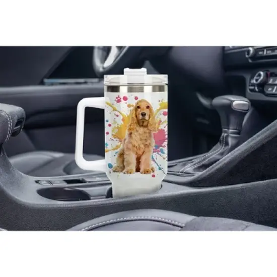 100 North 40 Ounce Stainless Steel Double Wall Insulated Glitter Travel Tumbler With Handle, Straw, and Lid, Cocker Spaniel Dog White image {4}
