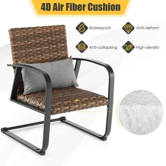 Costway 3 PCS Patio Rattan Furniture Bistro Set C-Spring Chair Padded Seat & Back Pillow image {7}