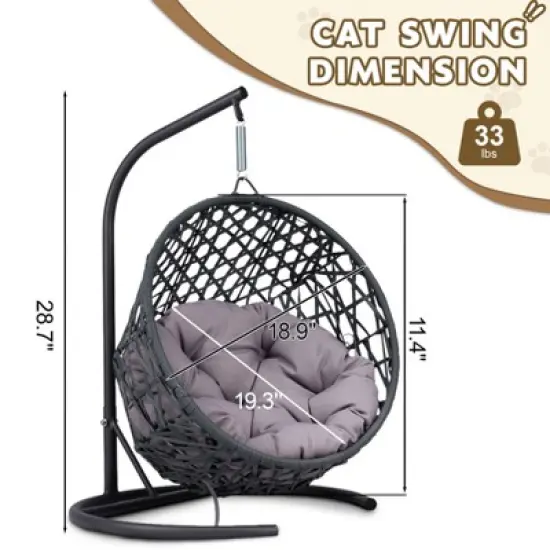 LOVSON Swinging Cat Bed with Stand and Cushion, Rattan Wicker Styled Cat Egg Chair for Cats and Small Pets, Gray image {2}