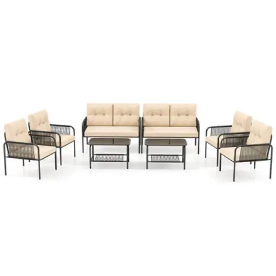 Costway 8 PCS Patio Furniture Set with Loveseat Tempered Glass Coffee Table & Soft Cushions image {1}