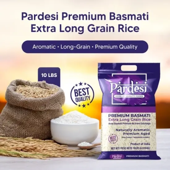 Pardesi Basmati Rice 10LB, Extra Long Grain - Premium Quality, Aromatic Flavor, Soft Texture, Perfect Cooking Choice Perfect for all cuisines. image {2}