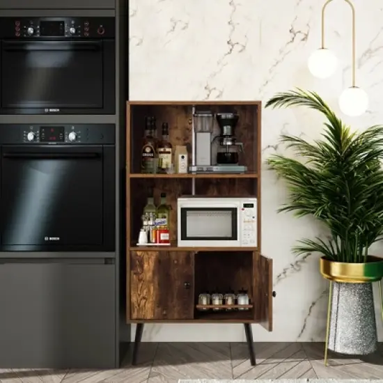 Costway 2-Tier Retro Bookcase Bookshelf w/3 Compartment&2 Doors Industrial Cabinet image {3}