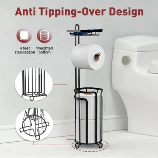 FURNIinspire 2pc Tissue Paper Roll Stand Shelf Bathroom Toilet Paper Storage Holder Floor Standing Toilet Paper Dispenser, Black, 15.8"*7.22"*7.22" image {3}