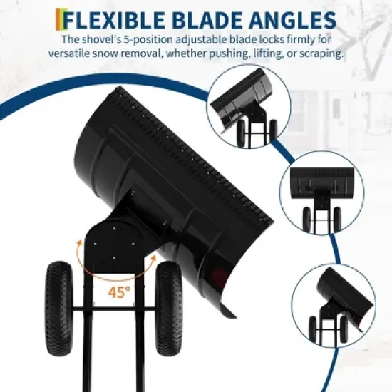 GustoWave 30" Heavy-Duty Steel Wheeled Snow Pusher - Adjustable Handle & Angled Blade with Non-Slip Wheels, Black Snow Shovel image {3}