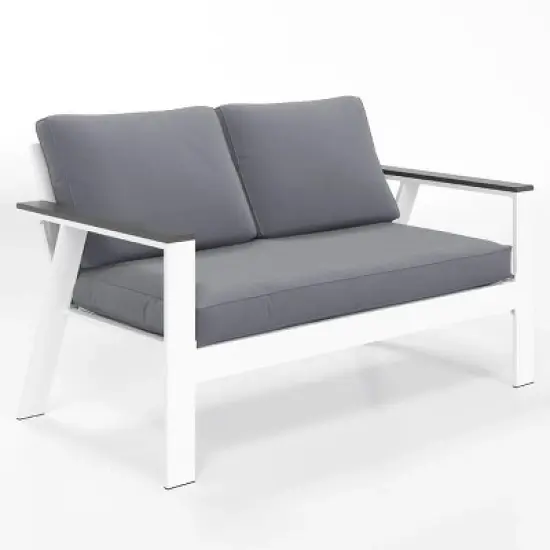 Heynemo 2-Seat Aluminum Outdoor Patio Loveseat Furniture Set With Faux Wooden, Aluminum Sofa Chair Conversation Furniture With Cushions image {7}