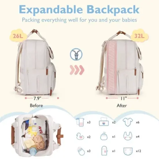Itopfox Expandable Diaper Backpack for Twins, Large Baby Bag with Multiple Pockets, Water-Resistant & Durable for Parents image {6}