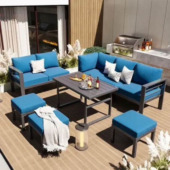 COWLOWN 7 Piece Blue Modern Metal Outdoor Furniture Sofa Set in Aluminum, Conversation Table and Chair Sets Perfect for Lawn, Backyard and Deck Areas image {4}