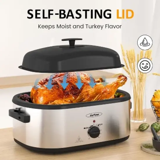 Heynemo Electric Roaster Oven, 24 QT Roaster with 3 Compartments and Self-Basting Lid, Turkey Roaster Oven with Removable Pan & Rack image {3}