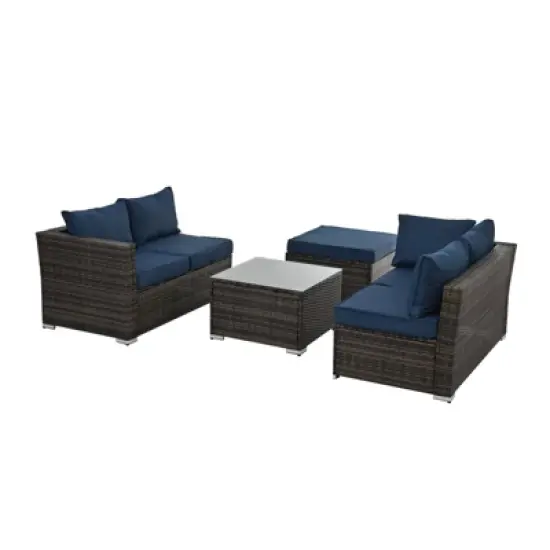 GlasFlength 3PCS Patio Seating Rattan Furniture Set Sectional Sofa Cushioned Garden, Tempered Glass Table, Blue, 51.1"*27.5"*25.62" image {1}