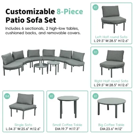 FIONECA 8-Piece Half Moon Outdoor Sectional Sofa Set with 2 High-Low Coffee Tables, Gray PE Wicker Patio Furniture with Cushions & 6 Pillows image {3}