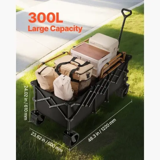 VEVOR Foldable Wagon with Extended Tailgate, 450lbs & 300L Large Capacity Collapsible Wagon Cart, Heavy Duty Folding Utility Carts, Black image {2}