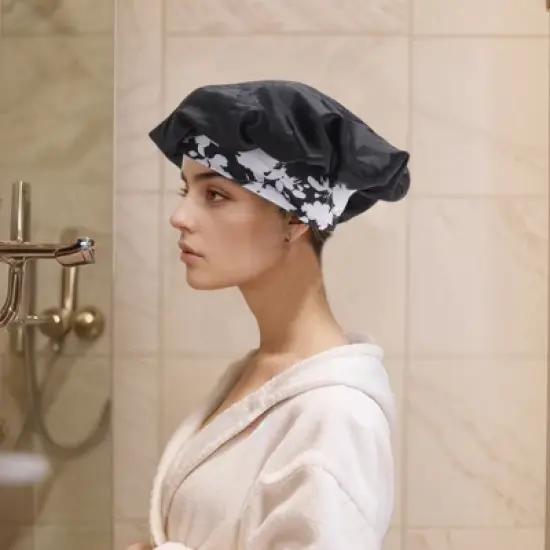 Unique Bargains Women Flowered Shower Cap Black 1 Pc image {3}