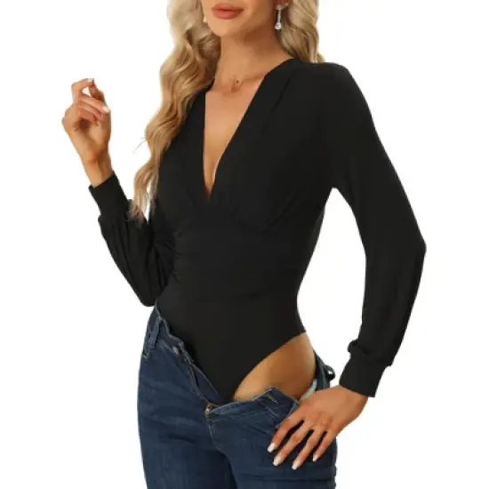 Allegra K Women's Deep V Neck Long Sleeve Ruched Stretchy Bodysuit image {5}
