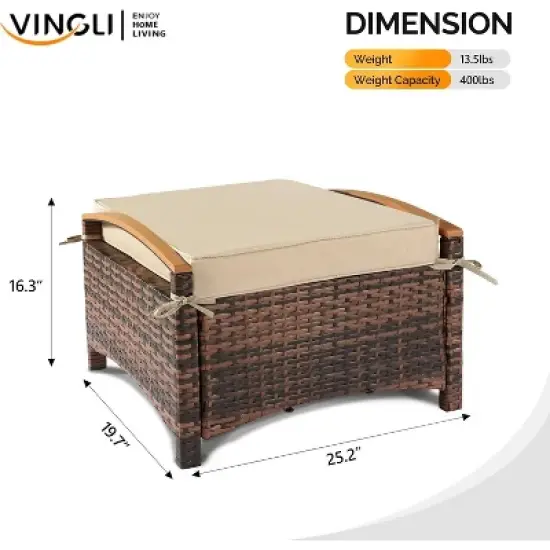 VINGLI Wicker Outdoor Ottoman Set of 2, All Weather PE Rattan Footstool for Patio w/Removable Cushions for Garden, Balcony image {2}