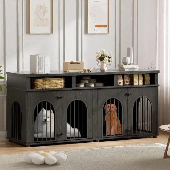Garvee Double Dog Crate Furniture 71 in Dog Kennel Furniture for 2 Medium Dogs, Heavy Duty Dogs Cage XL  with 3 Storage Shelves and 8 Adjustable Feet image {4}
