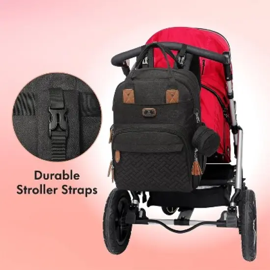 Diaper Bag Backpack with Portable Changing Pad, Pacifier Case and Stroller Straps - Black image {4}