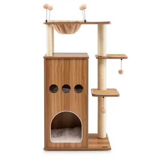 Costway 52'' Modern Cat Tree Tower Multi-level Cat Play Center w/Deluxe Hammock Natural image {8}