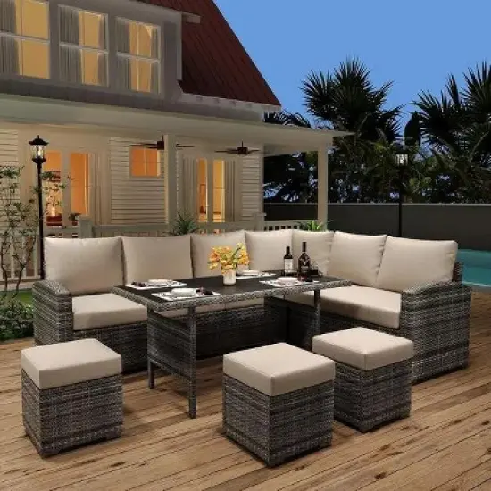 Whizmax 7-Piece Outdoor Sectional Sofa Set with Rattan Dining Table & Ottoman, Patio Furniture for Garden, Backyard image {2}