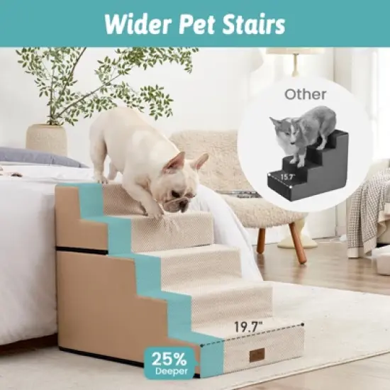 5-Tier Widened Support Pet Stairs, Non-Slip Foldable Dog Steps for Bed & Couch with Removable Cover image {3}
