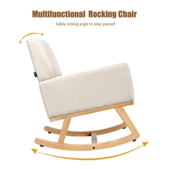 Costway Mid Century Rocking Chair Upholstered Armchair w/ Lumbar Support BeigeGray image {3}