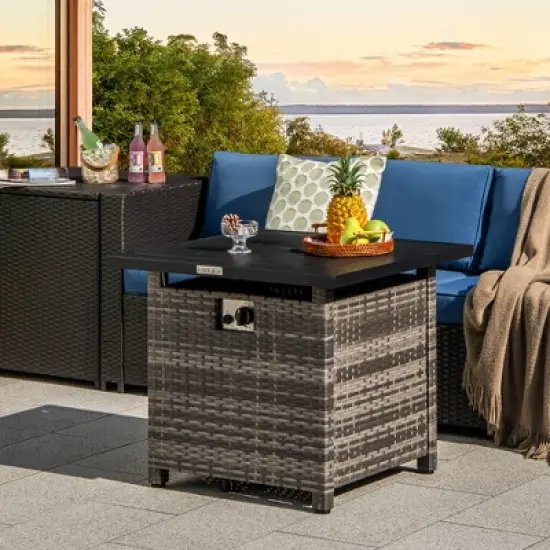 Tangkula 29" Propane Rattan Firepit Table w/ Lava Rocks & Protective Cover Metal Frame image {2}