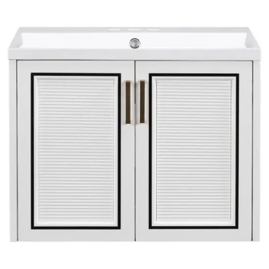 24" Wall Mounted Bathroom Vanity with Porcelain Sink and Two Shuttered Doors, White - ModernLuxe image {3}