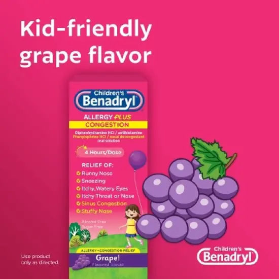 Children's Benadryl Diphenhydramine Allergy Plus Congestion Relief Liquid - Grape - 4 fl oz image {4}