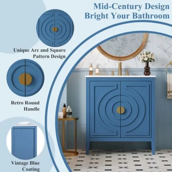 ModernLuxe 30'' Blue Bathroom Vanity with Sink, 2 Soft Close Doors, Hidden Drawer & Adjustable Shelf, Freestanding Storage Cabinet image {3}