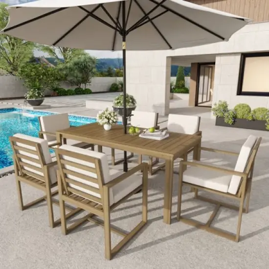 Whisen 7-Piece Wooden Patio Dining Set & Outdoor Dining Table and Chair Set with Removable Cushions and Built-in Umbrellla Hole image {17}