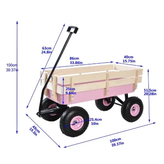 FURNIinspire Wheelbarrows And Lawn Carts Outdoor Wagon Pulling Air Tires Garden Cart, Lawn Cart With Pull Handle, Pink, 39&ldquo;*19"*20" image {2}