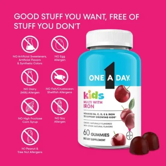 One A Day Kids' Multivitamin Gummies with Iron and Vitamin D - Cherry Flavor - 60ct image {8}