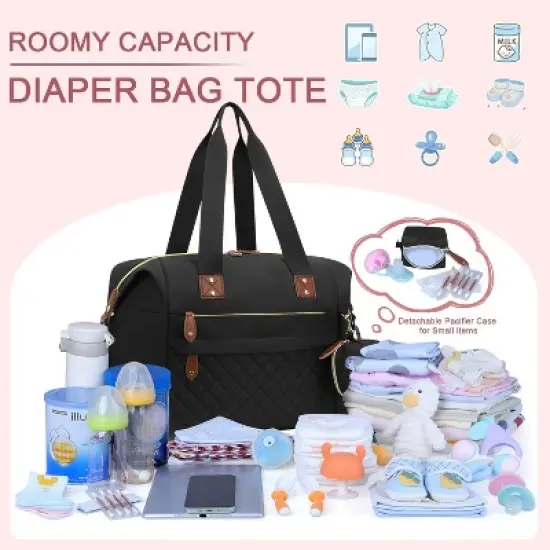 Itopfox Large Waterproof Diaper Bag Tote with Pacifier Case, Shoulder Straps & Stroller Clips for Moms and Dads, Black image {6}