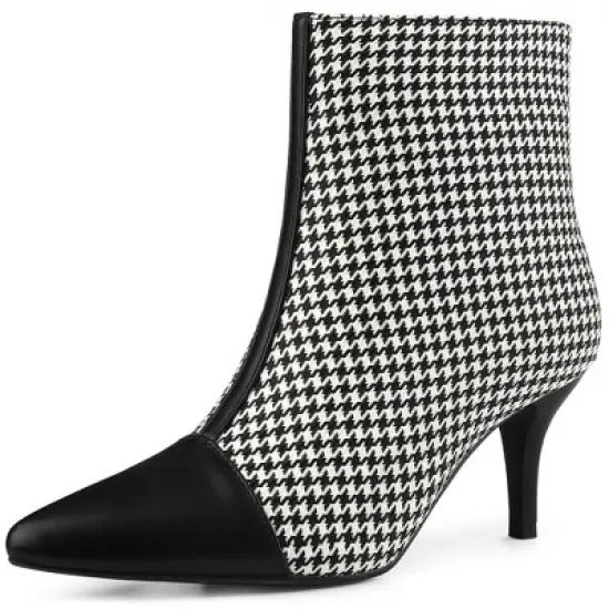 Allegra K Women's Plaid Pointed Toe Houndstooth Stiletto Heels Ankle Boots image {6}