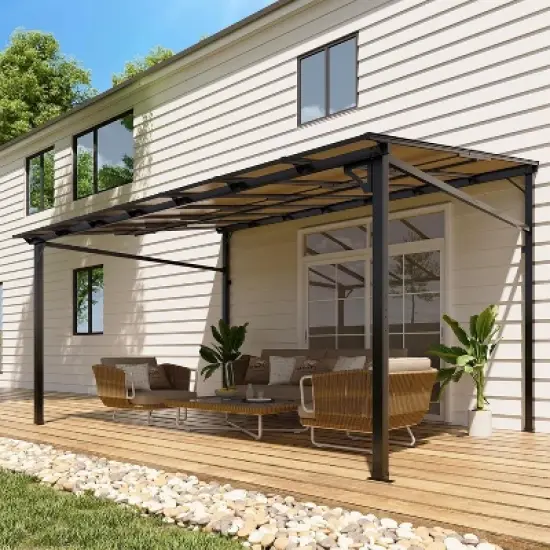 10x14ft Hardtop Lean-to Wall-Mounted Gazebo, All-Weather Pergola with 6mm Polycarbonate Roof & Reinforced Frame for Deck, Porch, Backyard, Garden image {5}