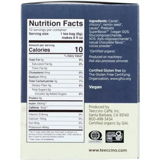 Teeccino Dark Chocolate Prebiotic Tea - Case of 6 Boxes/10 Tea Bags image {3}
