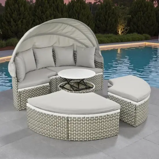 4-Pieces Outdoor Patio Rattan Round Daybed Sunbed with Retractable Canopy and Table image {17}