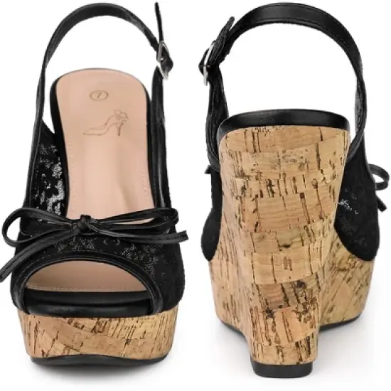 Perphy Platform Heels Lace Bow Slingback Wedge Sandals for Women image {1}