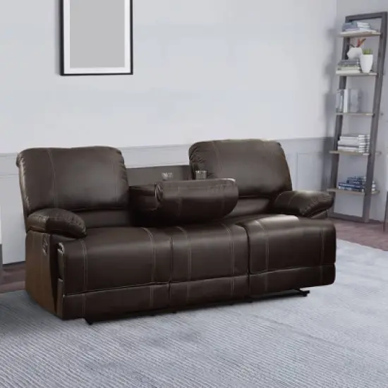 Leather Double Reclining Sofa with Drop Down Cup Holders Brown - Benzara image {5}