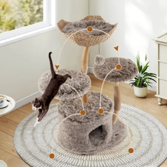 Costway Solid Wood Cat Tree with Well-woven Cattail Basket Luxury Condo Scratching Posts image {1}