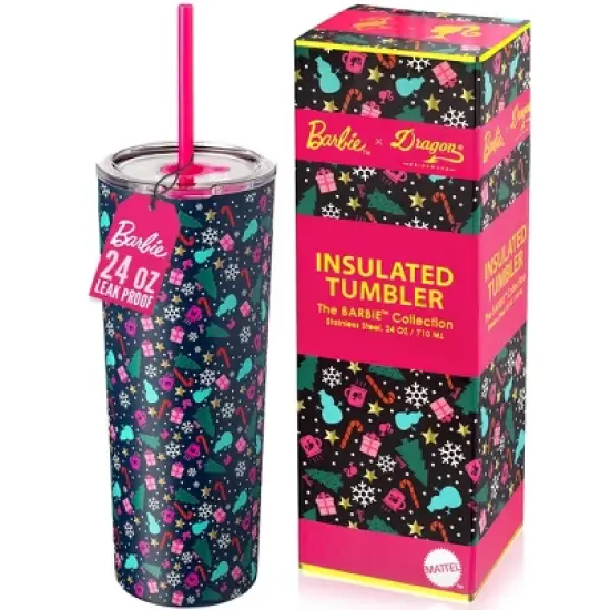Barbie x Dragon Glassware 24 oz Vacuum Insulated Tumbler with Lid and Straws Christmas image {7}