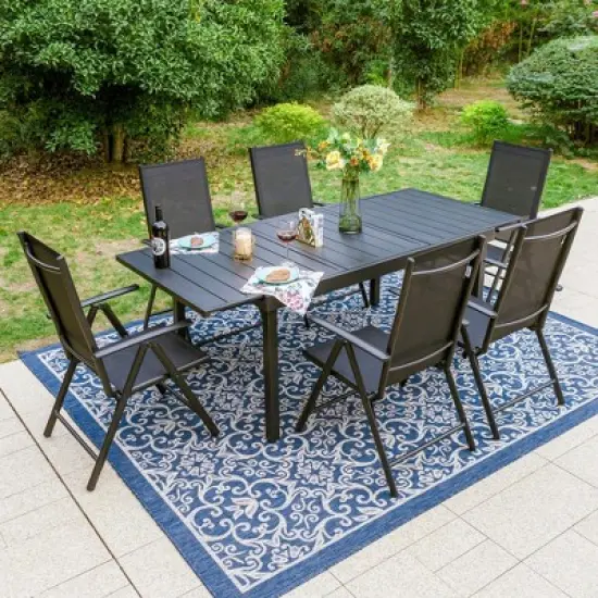 Captiva Designs 7pc Patio Dining Rectangular Steel Table & Pre-assembled Textilene Reclining Foldable Chairs image {15}