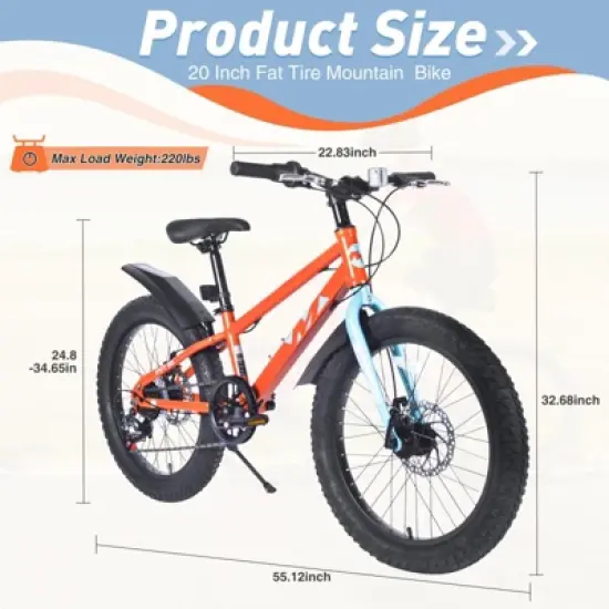 INFURNIC Bicycles 20 Inch Kids Fat Tire Mountain Bike with Shimano 7 Speed and Disc Brakes, Orange, 55.12"*22.83"*32.68" image {1}
