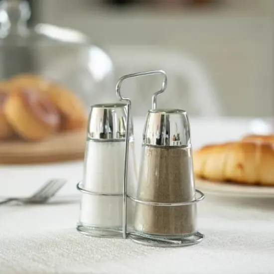 Basicwise Glass Salt & Pepper Shaker Set with Stainless Steel Holder - Perfect for Kitchen Counters, Kitchen & Dining Tables, and Restaurants image {1}